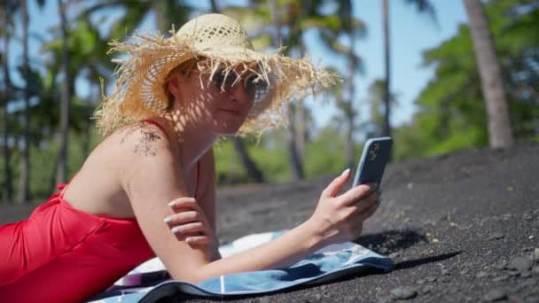 Relaxed Young Happy Woman Looking Mobile Phone Screen Exotic Black — Video