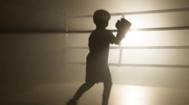Close-up view of a cute boy in boxing gloves performing punching movements. Portrait of a little kid warming up in boxing ring before a sparring. High quality 4k footage