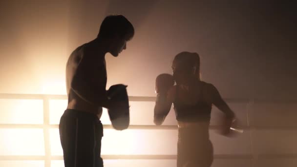 Close View Young Woman Wearing Boxing Gloves Ring Spotlight Background — Video