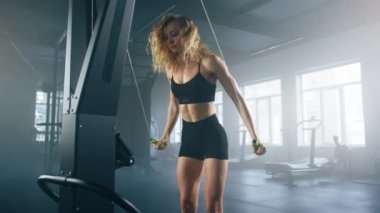 Close-up view of caucasian, blonde-haired lady strengthening all body muscles. Portrait of a sportswoman pulling weight to tone and strengthen arm biceps in the gym. High quality 4k footage
