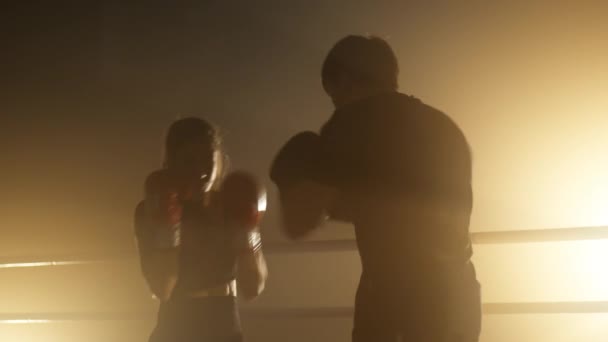 Close View Caucasian Girl Practicing Her Punch Boxing Gloves Portrait — Stock Video