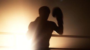 Portrait of professional boxer practicing his hit and warming up in the ring with spotlights around. Close-up shot of intense boxing workout for building lean body muscles. High quality 4k footage