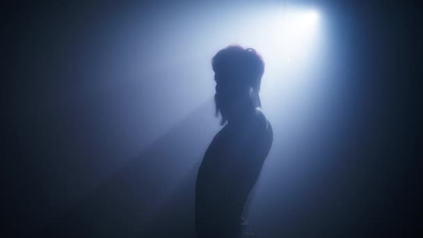 Silhueta Mulher Sedutora Dançando Quarto Escuro Com Fumaça Holofotes Brilhantes — Vídeo de Stock