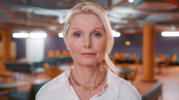 Portre Beyaz Gömlekli Olgun Olgun Bir Kadın Modern Ofis Arka — Stok video