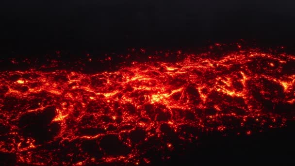 在漆黑的夜晚 史诗般的空中俯瞰岩浆流 火热的红色熔岩在莫纳罗火山上的基劳厄阿国家公园燃烧土地 活火山喷发时的电影华丽熔岩河 — 图库视频影像