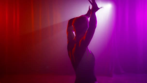 性感女人在发光的红色粉红摄影棚背景上跳舞的轮廓 有诱惑力的舞蹈演员以慢镜头用红色摄像机拍摄 性感的动作与手触摸身体在烟熏工作室 — 图库视频影像