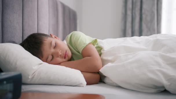 Søt Gutt Fem Som Sover Behagelig Seng Nærbilde Sovende Barn – stockvideo