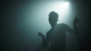 Stüdyoda sahne ışıkları altında dans eden zarif bir bayan. Güzel dans arkaplanı yavaş çekim, RED kamera, sanat konsepti 4K. Baştan çıkarıcı zarif hareketler yapan şehvetli bir kadının silueti.
