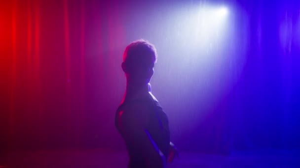 Beautiful Sexy Body Young Woman Dancing Hands Red Blue Lighting — Stock Video