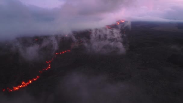 Dramatic Drone Flight Lilac Purple Clouds Dusk Black Lava Field — Stock Video