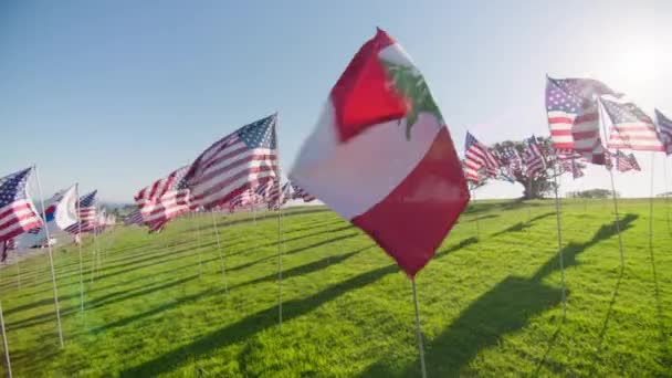 Bandeira Líbano Acenando Vento Com Muitas Bandeiras Americanas Fundo Movimento — Vídeo de Stock