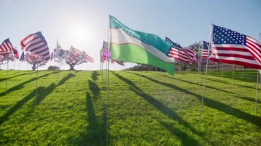 UZBEKISTAN 'ın bayrağı rüzgarda dalgalanıyor, Amerikan bayrakları hareketli arka planda altın günbatımı saatinde güneş parlamasıyla birlikte. Ulusal UZBEKISTAN bayrağı bağımsızlığı, mali ekonomiyi ve iş ortaklığını görselleştiriyor