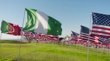 Nijerya bayrağı rüzgarda dalgalanırken birçok Amerikan bayraklarıyla altın günbatımında güneş parlamasıyla birlikte. Ulusal Nijerya bayrağı bağımsızlığı, mali ekonomiyi ve iş ortaklığını görselleştiriyor