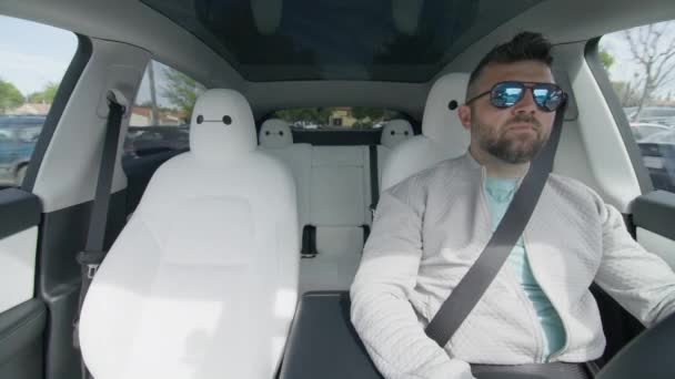 Mature Male Driver Tesla Model Car Using Self Drive Autopilot — Stock Video