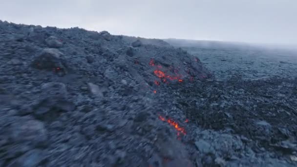 Fast Aerial Shot Drone Red Hot Lava Flowing Freezing Smoke — Stock Video