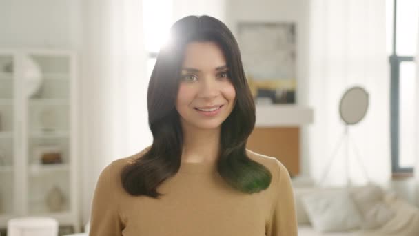 Portrait Gorgeous Dark Hair Hispanic Woman Smiling Charmingly Latino Girl — Stock Video