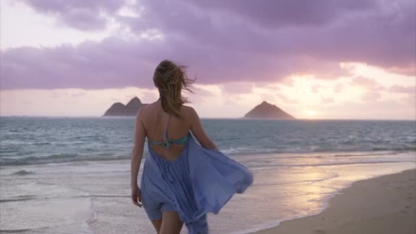 Обратный Вид Женщину Идущую Вдоль Морского Пляжа Восходе Солнца Отдыхающую — стоковое видео