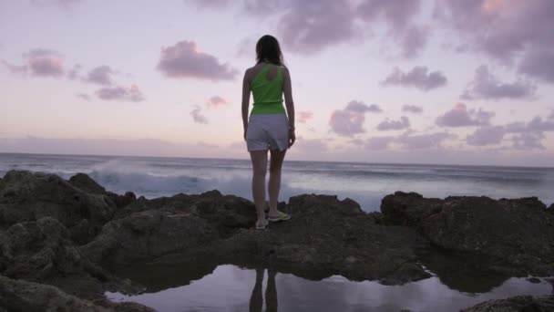 Δωρεάν Ευτυχισμένη Νεαρή Ταξιδιώτη Γυναίκα Πράσινο Κορυφή Κοιτάζοντας Τον Ωκεανό — Αρχείο Βίντεο