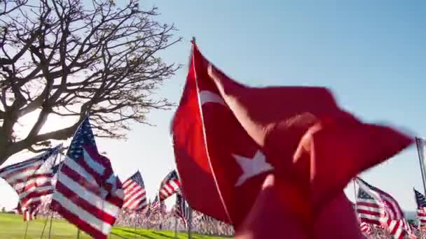 Флаг Турции Размахивающий Ветром Многими Американскими Флагами Фоне Движения Золотом — стоковое видео
