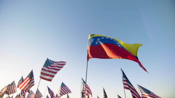 在金色的日落和太阳耀斑的映衬下 委内瑞拉国旗随风飘扬 许多美国国旗飘扬 委内瑞拉国家国旗展示独立 金融经济 商业伙伴关系 — 图库视频影像