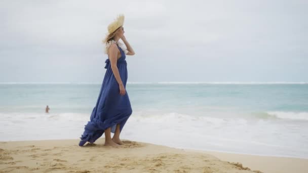 30年代正宗的女旅行家 穿着紫色的玛西波荷风格的衣服 欣赏夏威夷海滩的美景 红外摄像机全景拍摄周围的旅行女士与莱花无颈站在风景秀丽的瓦胡岛4K — 图库视频影像