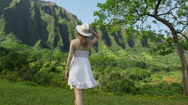 Jonge Vrouw Reiziger Stijgende Handen Groene Jungle Berg Achtergrond Zomer — Stockvideo