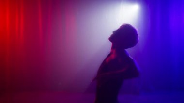 Baştan çıkarıcı dansçı yavaş çekimde RED kamerada. Parlayan kırmızı mavi stüdyonun arka planında dans eden seksi kadın silueti. Seksi hareketler, dumanlı stüdyoda ellerle vücuda dokunmak.