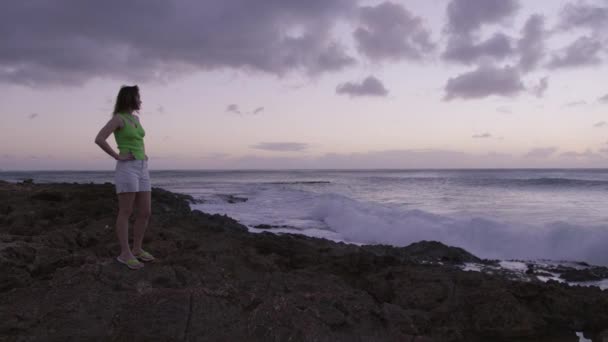 美丽的蓝色大海和平静的巨浪漂浮在太平洋的岩石海岸上 夏威夷景观背景 日落时分 女人在紫云的天空下欣赏美丽的大海美景 — 图库视频影像