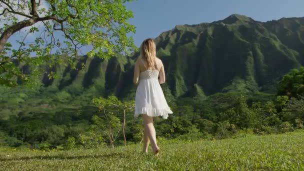 后视镜年轻女子走了 举起胳膊和旋转与电影绿色丛林山脉的背景 快乐正宗的女孩在热带异国情调夏威夷自然景观4K转弯 — 图库视频影像