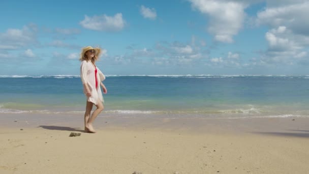 Romantische Vrouw Wandelen Door Schilderachtige Witte Zandstrand Met Teal Water — Stockvideo
