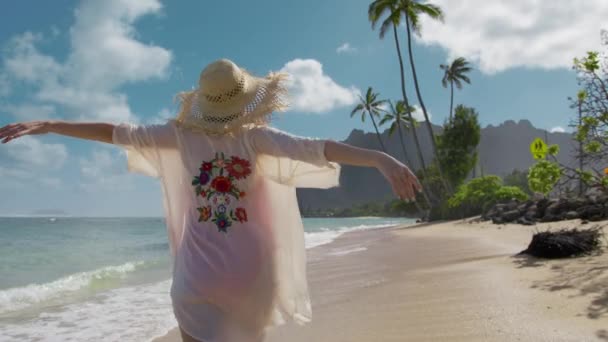 幸せな旅行者や旅行ブロガーは 美しい熱帯ビーチ ジャングルマウンテンバレー映画の背景で歩く カメラは旅や冒険中の女性に従う 夏休み新しい思い出コンセプト旅行 — ストック動画