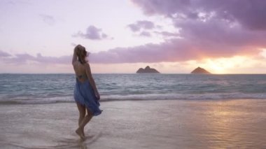 Hawaii adasında mutlu turistler. Pasifik Okyanusu 'ndaki Lanikai plajında kadın harmonisi. Sinematik ilham perisi tatil gezisi. Hafta sonu deniz meltemi yaz tatili titreşimleri. Gezinti tutkusu kâşifi ağır çekim 4K