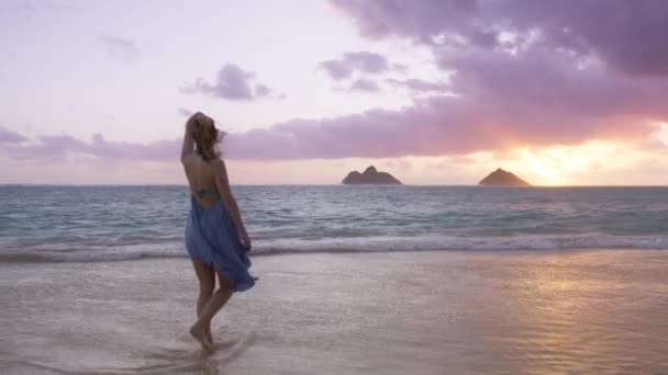 夏威夷岛旅途愉快 女子和谐太平洋兰尼凯海滩 电影灵感旅行度假之旅 周末海风吹拂着暑假的气氛 漫游者探险家慢动作4K — 图库视频影像