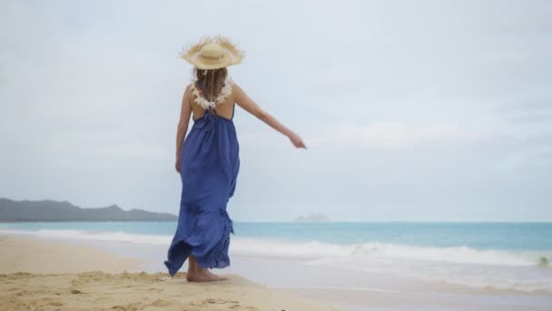 在海风刮得很厉害的日子里 年轻女子穿着波荷风格的淡紫色连衣裙 浪漫的女游客 她张开双臂 在夏天的海滩上做着白日梦 在夏威夷瓦胡岛的海滩上度过了一个完美的破晓的一天 — 图库视频影像