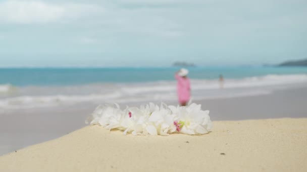 瓦胡岛复制假日背景 Closeup可以看到白莱茵兰花 在天堂海滩上度假的女人蓝色的背景模糊不清 游览夏威夷4K美国著名旅游胜地的优雅游客 — 图库视频影像