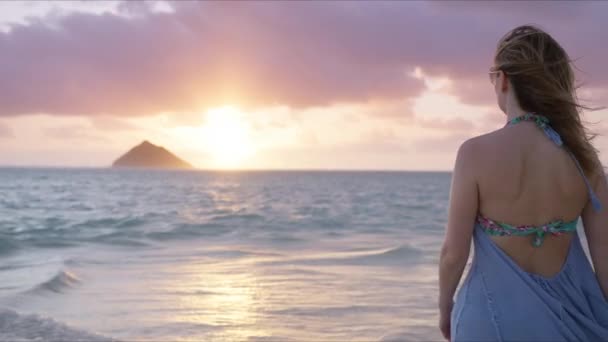 Mujer Vestido Playa Pasea Por Playa Lanikai Isla Oahu Hawaii — Vídeos de Stock