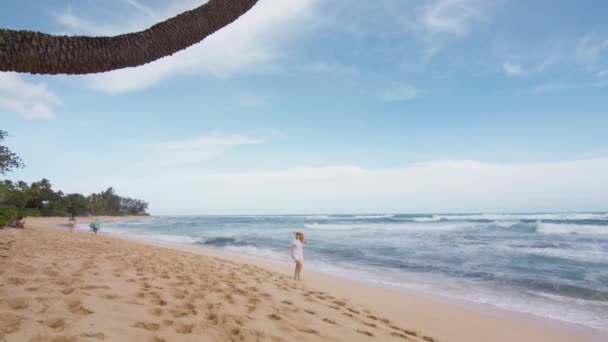 Šťastná Žena Slamáku Kráčí Zlaté Písečné Pláži Letních Prázdninách Cestovní — Stock video