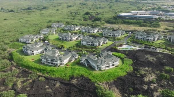 Cinematic Aerial Volcanic Big Island Landscape Black Lava Rocks Covered — Stock Video