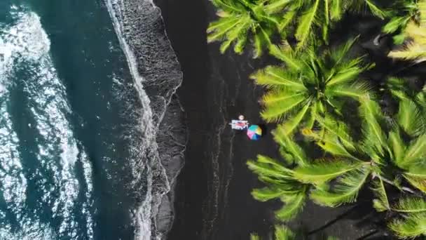 エキゾチックな黒い溶岩砂のハワイのビーチで太陽の輝きを楽しんでセクシーな赤い水着の幸せな女性 風光明媚な青い海の波の海岸で潮風に揺れる映画のような美しい緑のヤシの木の上4K — ストック動画