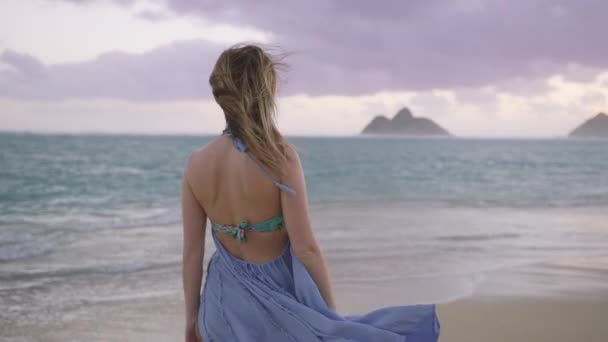 Szczęśliwa Kobieta Ciesząca Się Piękną Piaszczystą Plażą Lanikai Widokiem Wyspy — Wideo stockowe