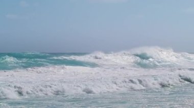 Pasifik Okyanusu 'nda sahile vuran dalgaların nefes kesici görüntüleri var. Tropik cennet adası Hawaii 'de güçlü dalgaların Oahu kıyısına köpük ve spreyle çarpıştığı büyüleyici görüntüler var.