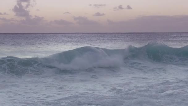夏威夷野生大自然 漫游情欲旅游美国 海浪拍打着水花 夕阳过后 柔和的蓝色黄昏的夜空 美丽的海底色 慢动作的红色相机拍摄 落基海滩瓦胡岛 — 图库视频影像