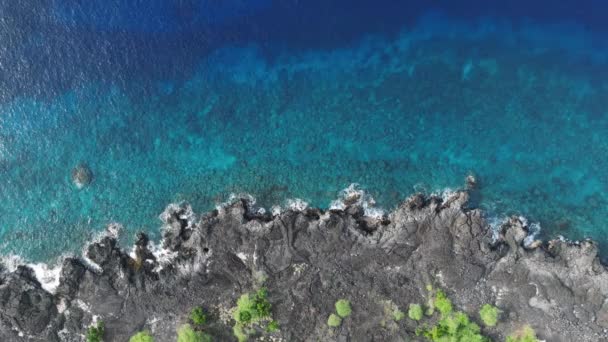 Вид Воздуха Голубые Воды Большого Острова Живописным Черным Лавовым Скалистым — стоковое видео