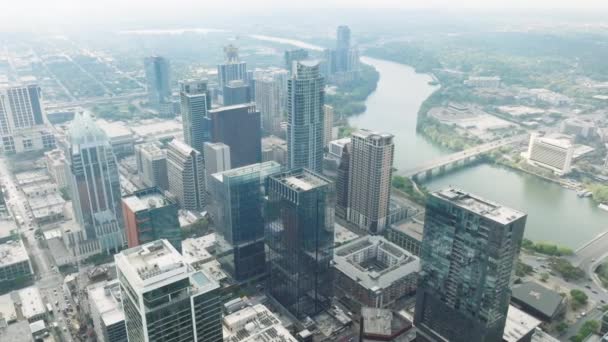 Hubschrauberblick Über Dem Geschäftszentrum Der Innenstadt Von Austin Stadtbild Der — Stockvideo