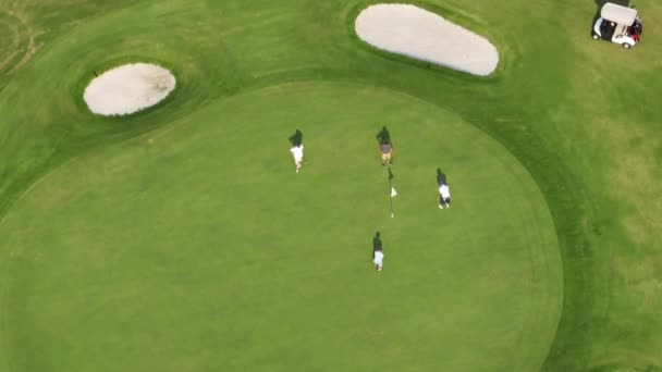 Vista Aérea Cinematográfica Los Hombres Activos Que Juegan Juego Golf — Vídeo de stock