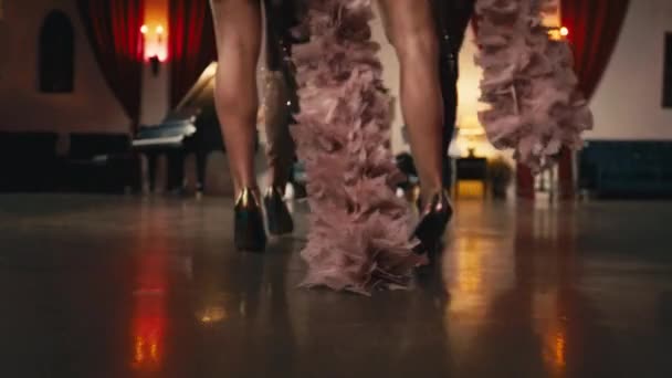 近距离俯瞰无法辨认的美腿 时尚时尚风格的高跟鞋 内饰复古风格的博雅羽毛 剧场慢动作红地毯名人活动 — 图库视频影像