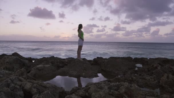 人们在岩石的海滩 自由的概念 快乐之旅 自由快乐的年轻女旅行家 身披绿衣 望着大海 享受着大自然的海风 呼吸着新鲜空气 随风飘扬着头发 — 图库视频影像