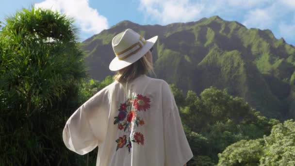 Wysokie Szczyty Górskie Hawajskim Tle Ruchu Wyspy Widok Tyłu Dziewczyna — Wideo stockowe