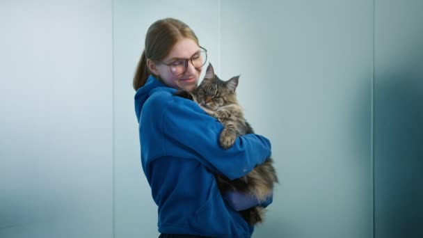 Kobieta Weterynarii Okularach Trzymając Się Ręce Pieszczoty Futrzane Długowłosy Kot — Wideo stockowe