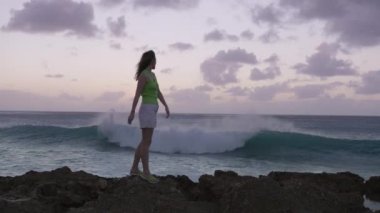 Alacakaranlıkta taze okyanus esintisinin tadını çıkaran yalnız bir turist. Ufuk üzerinde yumuşak pastel pembe gökyüzü ve kayalık plaja çarpan dalga spreyleri. Hawaii turizmi, USA 4K. Özgürlük Kavramı, Mutluluk Yolculuğu